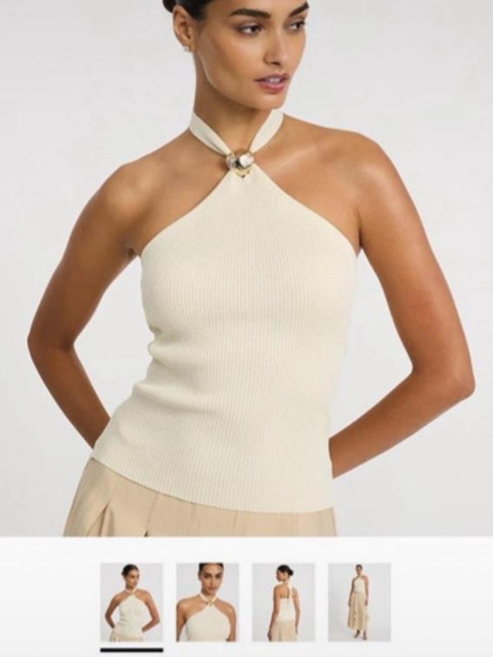 Express Cream Ribbed Halter Top with Neck Ring
